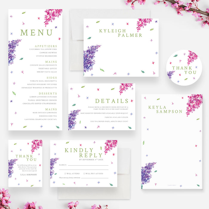 Pink and Purple Floral Baby Shower Invitation Card, Baby in Bloom Baby Girl Shower Invites with Lilac Flower Illustrations