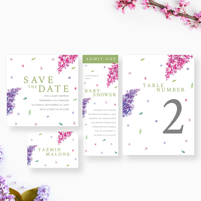 Pink and Purple Floral Baby Shower Invitation Card, Baby in Bloom Baby Girl Shower Invites with Lilac Flower Illustrations