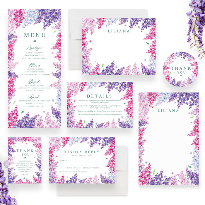 Watercolor Lilac Floral Baby Shower Invitation Card in Purple and Pink, Garden Inspired  Spring Baby Shower, Floral Affair Shower Invites