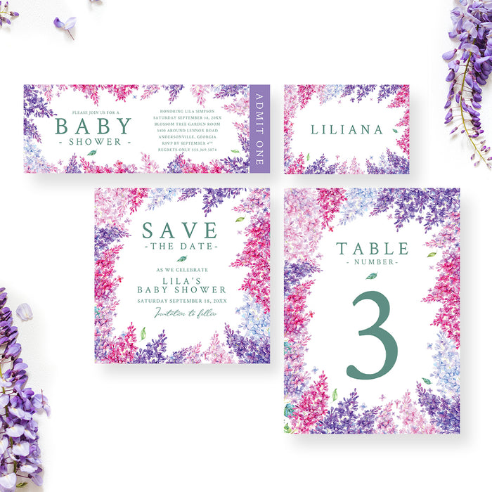 Watercolor Lilac Floral Baby Shower Invitation Card in Purple and Pink, Garden Inspired  Spring Baby Shower, Floral Affair Shower Invites