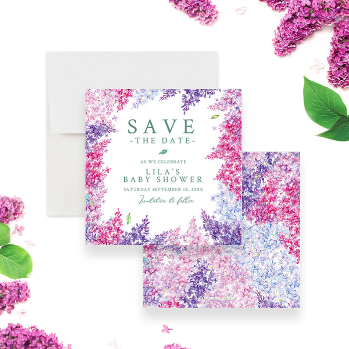 Watercolor Lilac Floral Baby Shower Save the Date Card in Purple and Pink, Garden Themed Baby Shower Save the Dates