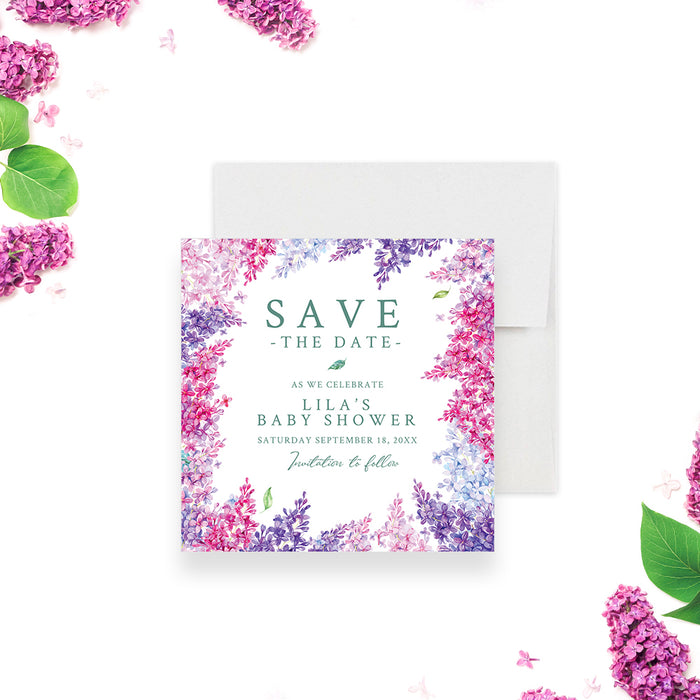 Watercolor Lilac Floral Baby Shower Save the Date Card in Purple and Pink, Garden Themed Baby Shower Save the Dates