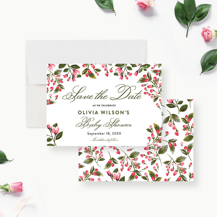 Floral Baby Shower Save the Date Card with Pink Flower Illustrations, Baby In Bloom Save the Dates
