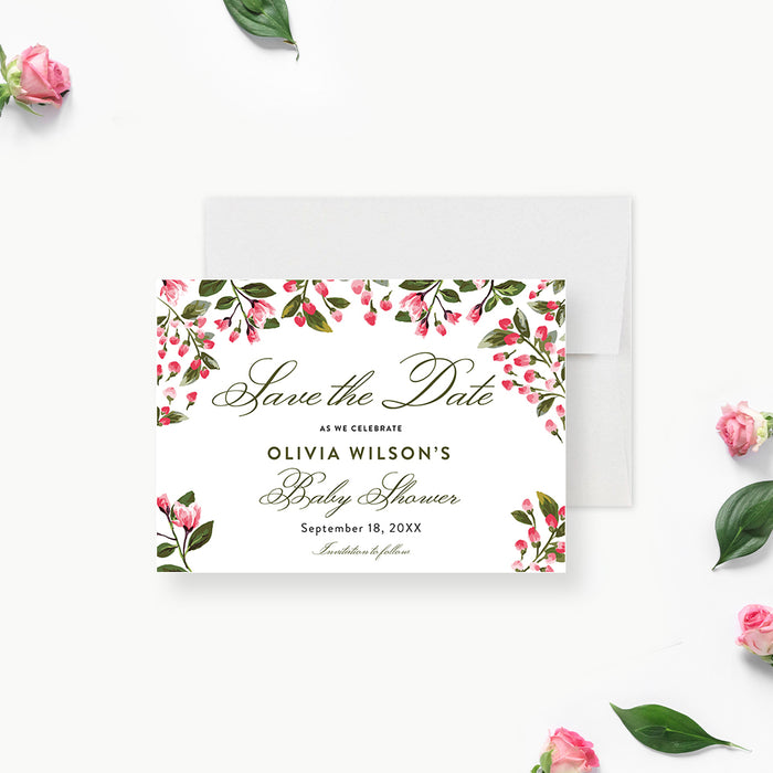 Floral Baby Shower Save the Date Card with Pink Flower Illustrations, Baby In Bloom Save the Dates