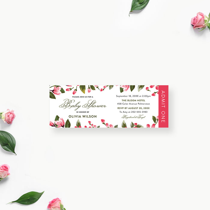 Floral Baby Shower Ticket Invitation with Pink Flower Illustrations, Baby In Bloom Ticket Invites, Flowery Garden Party Ticket Card