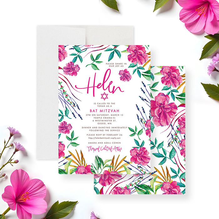 Floral bat mitzvah invitation with pink botanical flowers and greenery, modern Jewish celebration invite with elegant feminine design-front-back