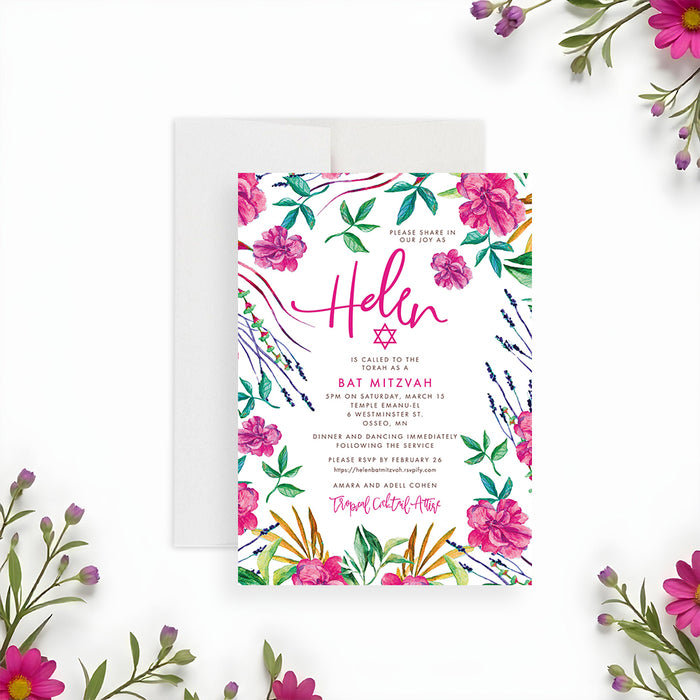 Floral bat mitzvah invitation with pink botanical flowers and greenery, modern Jewish celebration invite with elegant feminine design-front