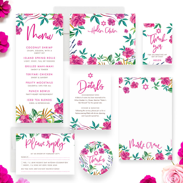 Floral Bat Mitzvah Invitation Pink Botanical Jewish Invite
