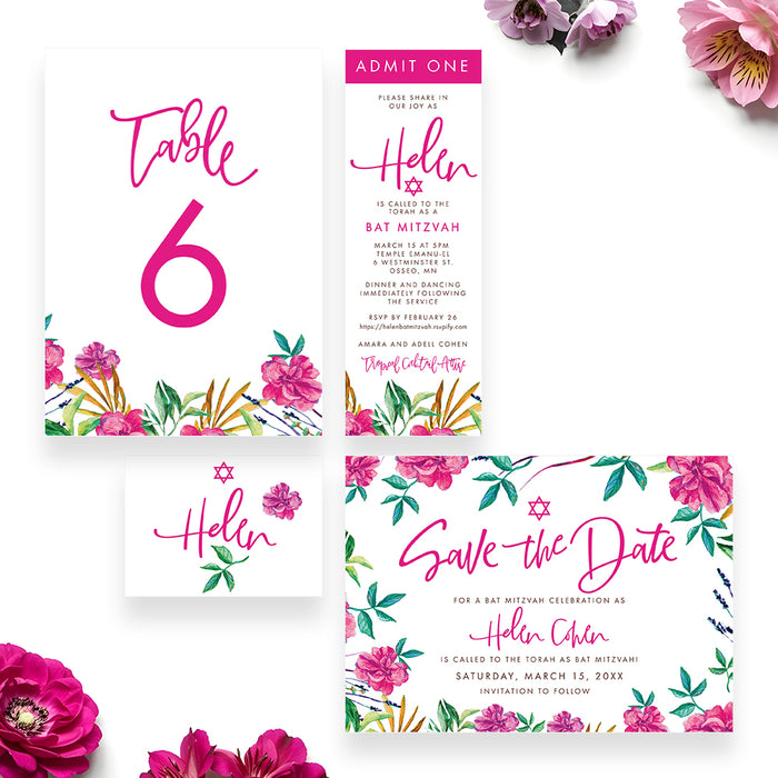 Floral Bat Mitzvah Invitation Pink Botanical Jewish Invite