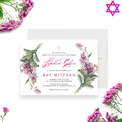 Floral Bat Mitzvah invitation featuring pink botanical flowers and a Star of David, ideal for Jewish coming-of-age celebrations.-front
