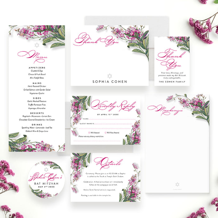 Floral Bat Mitzvah Invitation Elegant Botanical Jewish Party Card