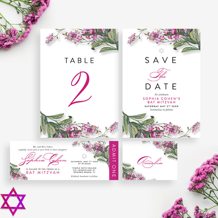 Floral Bat Mitzvah Invitation Elegant Botanical Jewish Party Card