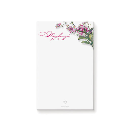 Personalized floral notepad featuring a pink and green botanical design and Star of David, making it a perfect Bat Mitzvah gift or keepsake.