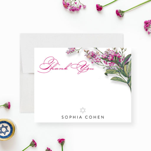 Floral Bat Mitzvah thank you card featuring pink flowers and a Star of David, personalized Jewish stationery for girls.-front