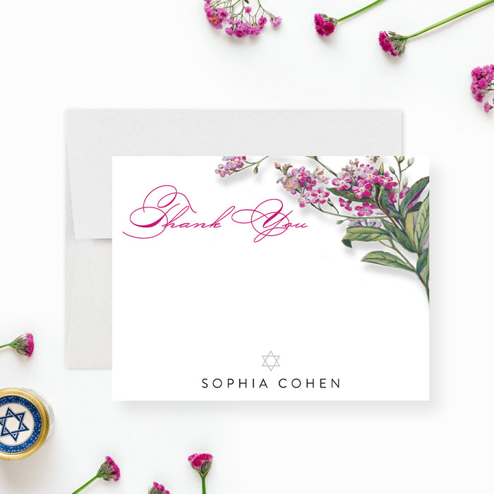 Floral Bat Mitzvah thank you card featuring pink flowers and a Star of David, personalized Jewish stationery for girls.-front