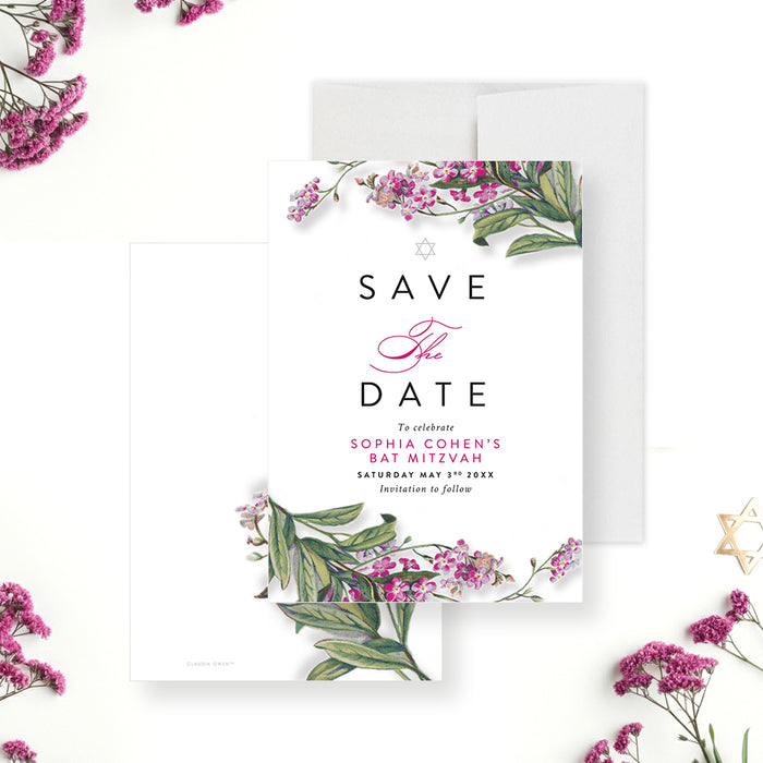 Floral Bat Mitzvah save the date card with pink and green botanical illustrations and a Star of David design.-front-back