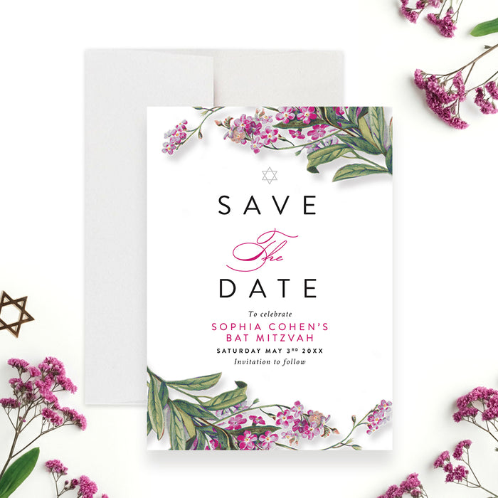 Floral Bat Mitzvah Invitation Elegant Botanical Jewish Party Card