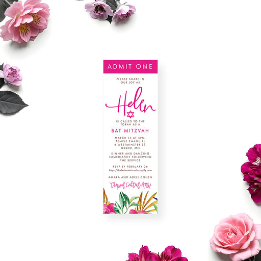 Floral Bat Mitzvah ticket invitation with admit one design, pink accents, and Star of David for elegant Jewish celebrations.