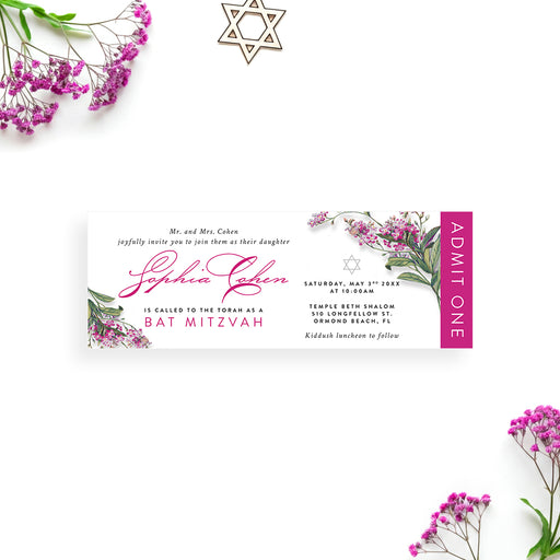 Floral Bat Mitzvah ticket invitation with botanical illustration and Star of David 