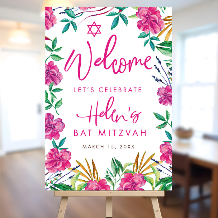 Floral Bat Mitzvah welcome sign featuring pink botanical design and Star of David, displayed on an easel for Jewish event entrance decor.