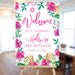 Floral Bat Mitzvah welcome sign featuring pink botanical design and Star of David, displayed on an easel for Jewish event entrance decor.