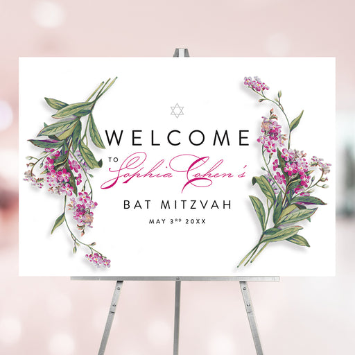 Floral Bat Mitzvah welcome sign with Star of David, personalized Jewish event poster showcasing pink flowers and botanical design.