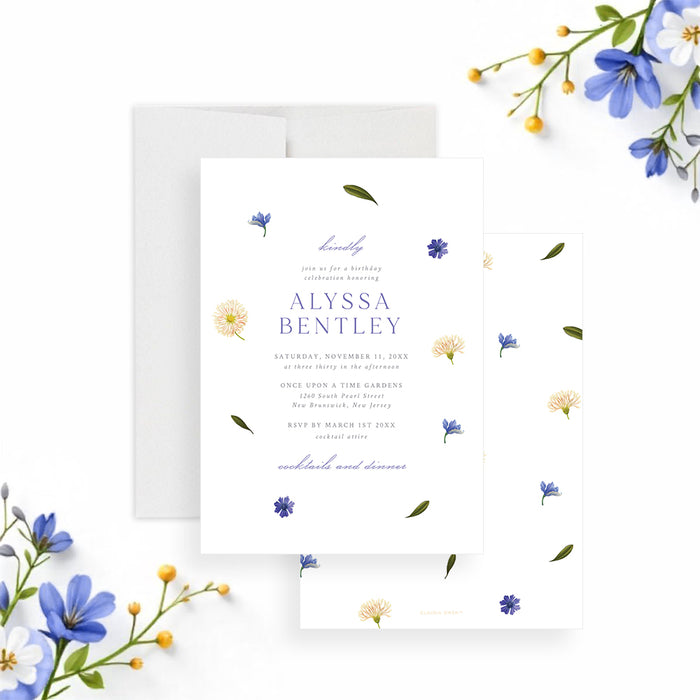 Floral birthday invitation with pastel wildflowers and a soft, feminine design, perfect for women and spring parties.-front-back