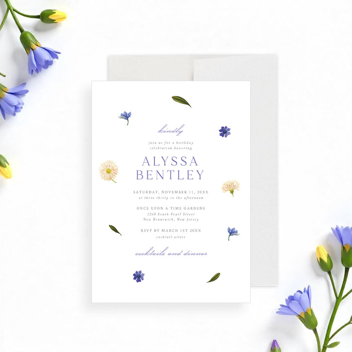 Floral birthday invitation with pastel wildflowers and a soft, feminine design, perfect for women and spring parties.-front