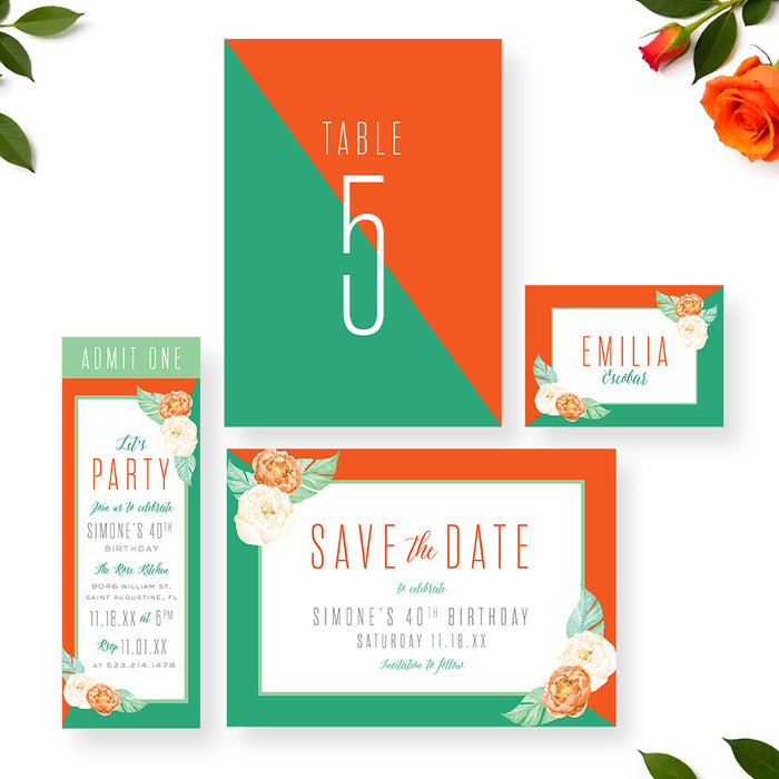 Floral Birthday Party Invitation Orange and Green Elegant Style