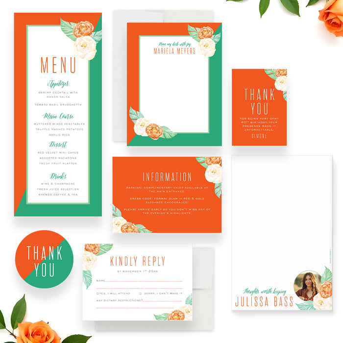 Floral Birthday Party Invitation Orange and Green Elegant Style