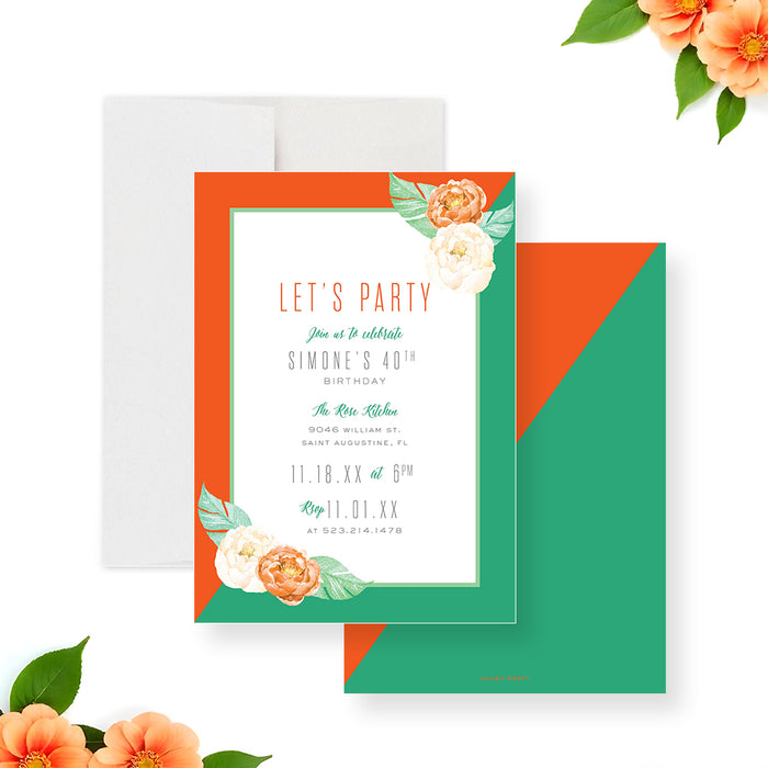 Modern 40th birthday invitation with a green and orange border featuring a watercolor peony floral illustration, personalized and printed.-front-back