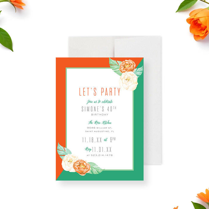 Modern 40th birthday invitation with a green and orange border featuring a watercolor peony floral illustration, personalized and printed.-front