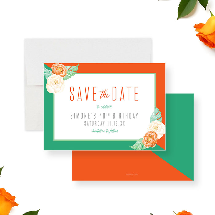 Floral save-the-date card with an orange and green border featuring watercolor peonies, vibrant personalized birthday pre-invitation card-front-back
