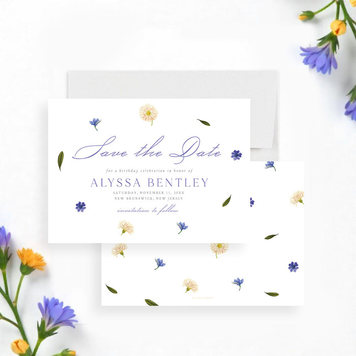 Save the date card featuring a soft pastel flower design, as a date reminder for birthdays, bridal, or garden parties. -front-back