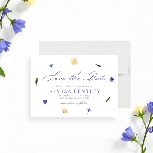Save the date card featuring a soft pastel flower design, as a date reminder for birthdays, bridal, or garden parties. -front