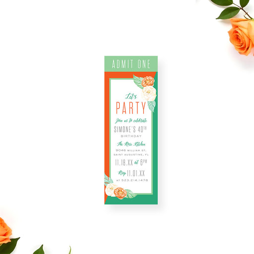 Floral ticket invitation with an orange and green border featuring watercolor peonies, printed admit-one birthday party ticket