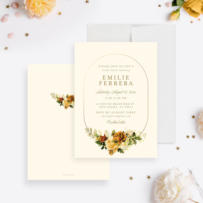 Floral bridal shower invitation featuring a vintage bouquet of flowers with an elegant frame-front-back
