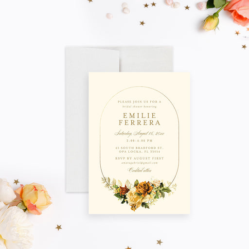 Floral bridal shower invitation featuring a vintage bouquet of flowers with an elegant frame-front