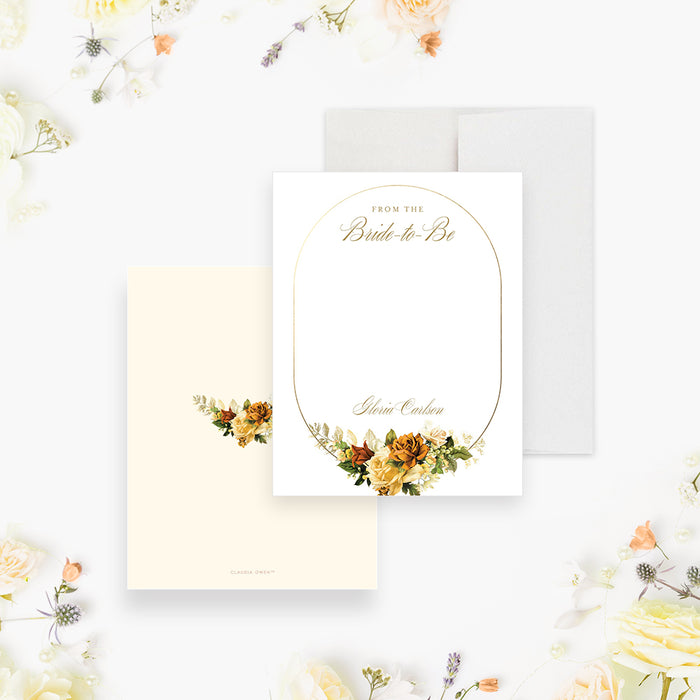 Personalized bride-to-be floral note card with a gold arch design and elegant wedding stationery style-front-back