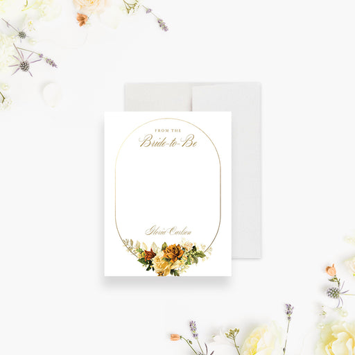 Personalized bride-to-be floral note card with a gold arch design and elegant wedding stationery style-front
