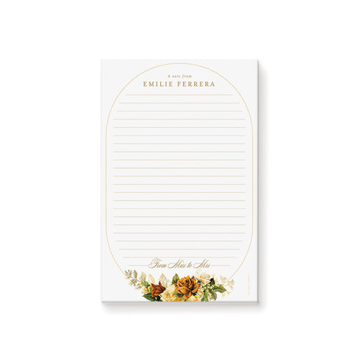 Personalized floral notepad with a gold frame design featuring vintage flower arrangements