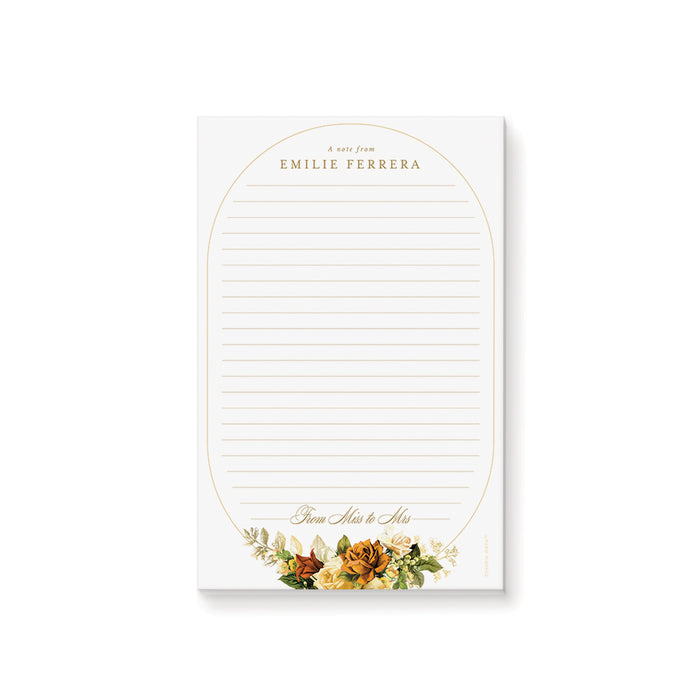 Personalized floral notepad with a gold frame design featuring vintage flower arrangements