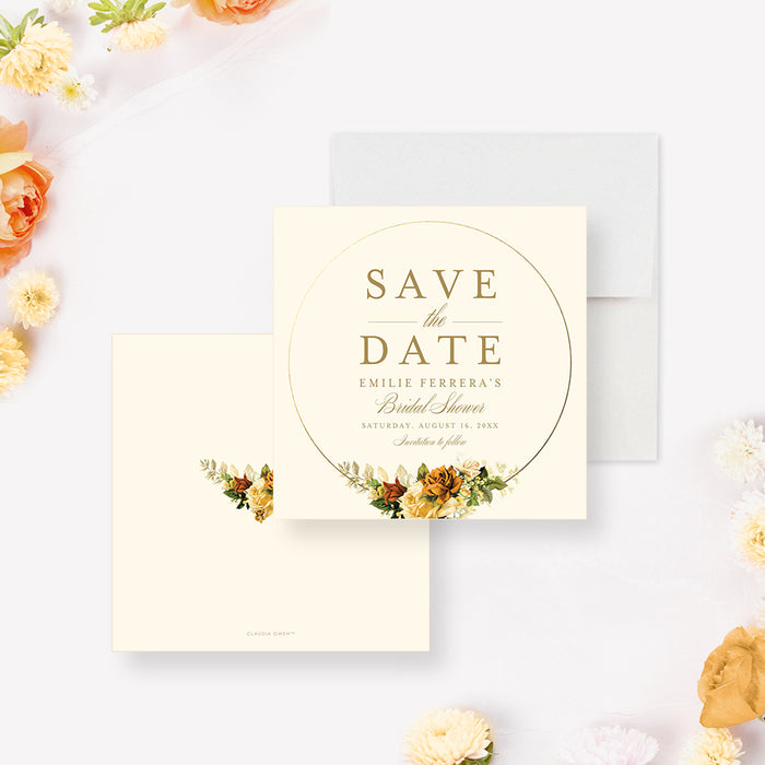 Floral bridal shower save the date card with vintage flower arrangement and elegant circular frame-front-back