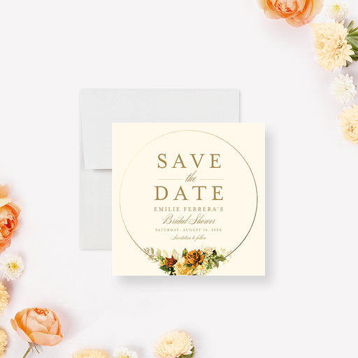 Floral bridal shower save the date card with vintage flower arrangement and elegant circular frame-front