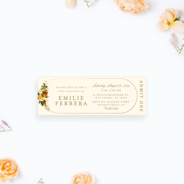 Floral bridal shower ticket invitation with a vintage botanical design, admit-one ticket style invite