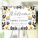 Floral bridal shower welcome sign with custom name and date, decorated with watercolor flowers and black foliage.