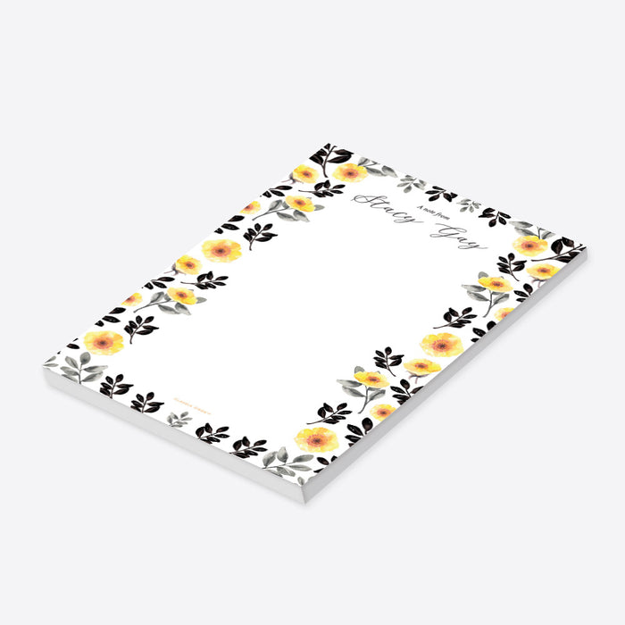 Floral Notepad with Yellow Flowers, Spring Bridal Shower Party Favor, Flowery Writing Paper Pad for Women, Personalized Gift for Her
