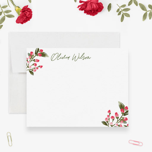 Floral personalized note card set featuring red and pink flowers for women and girls
