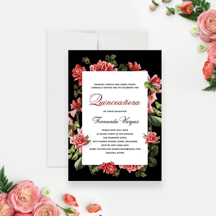 Floral quinceañera invitation template with red roses on a black background and elegant lettering for a Sweet 15 celebration.