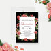 Floral quinceañera invitation template with red roses on a black background and elegant lettering for a Sweet 15 celebration.
